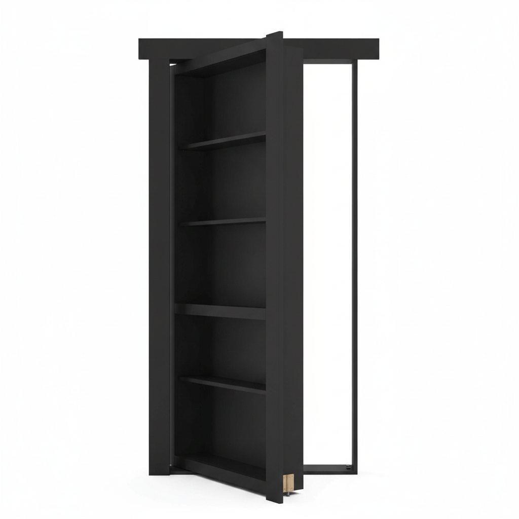 Black Murphy Door® hidden bookcase door, open and revealing shelves.