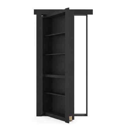 Black Murphy Door® hidden bookcase door, open and revealing shelves.