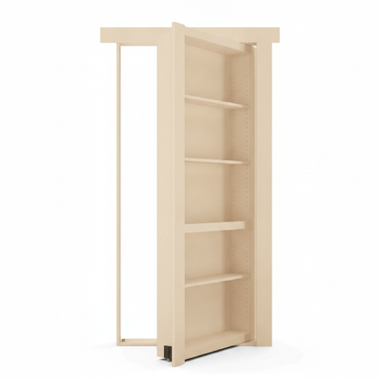 Murphy Door® light wood bookcase hidden door, partially open, revealing adjustable shelves within a natural wood frame.