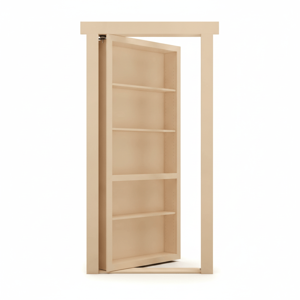 Murphy Door® light wood hidden bookcase door, partially open, revealing interior shelves and door frame.