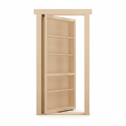 Murphy Door® light wood hidden bookcase door, partially open, revealing interior shelves and door frame.