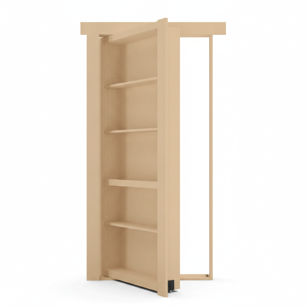 Light tan Murphy Door® hidden bookcase door, open, revealing four adjustable shelves and its door frame.