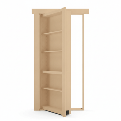 Light tan Murphy Door® hidden bookcase door, open, revealing four adjustable shelves and its door frame.