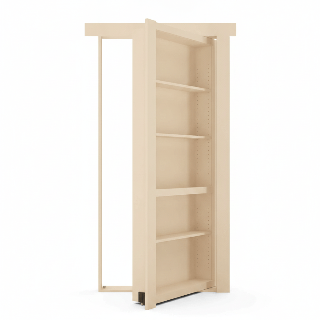 Murphy Door® hidden bookcase door, light wood, open showing adjustable shelves.