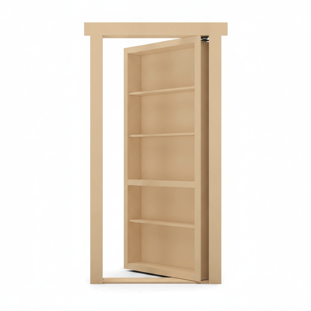 Murphy Door® unfinished wood hidden bookcase door, partially open, with shelves in a door frame.