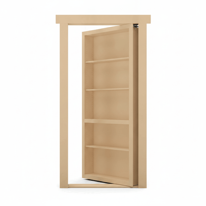 Murphy Door® unfinished wood hidden bookcase door, partially open, with shelves in a door frame.