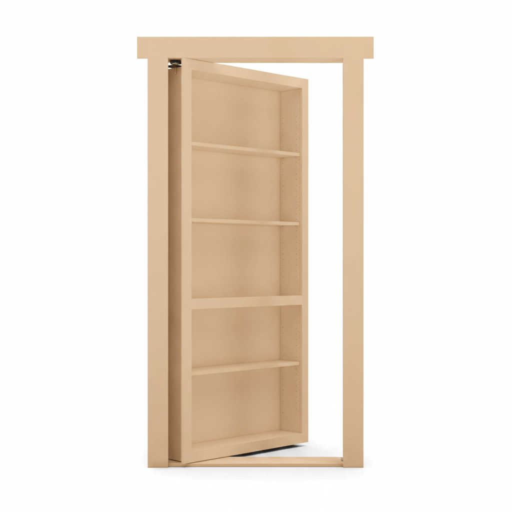 Murphy Door® light brown wooden hidden bookcase door, slightly ajar, with visible shelves.