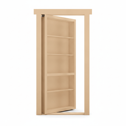 Murphy Door® light brown wooden hidden bookcase door, slightly ajar, with visible shelves.