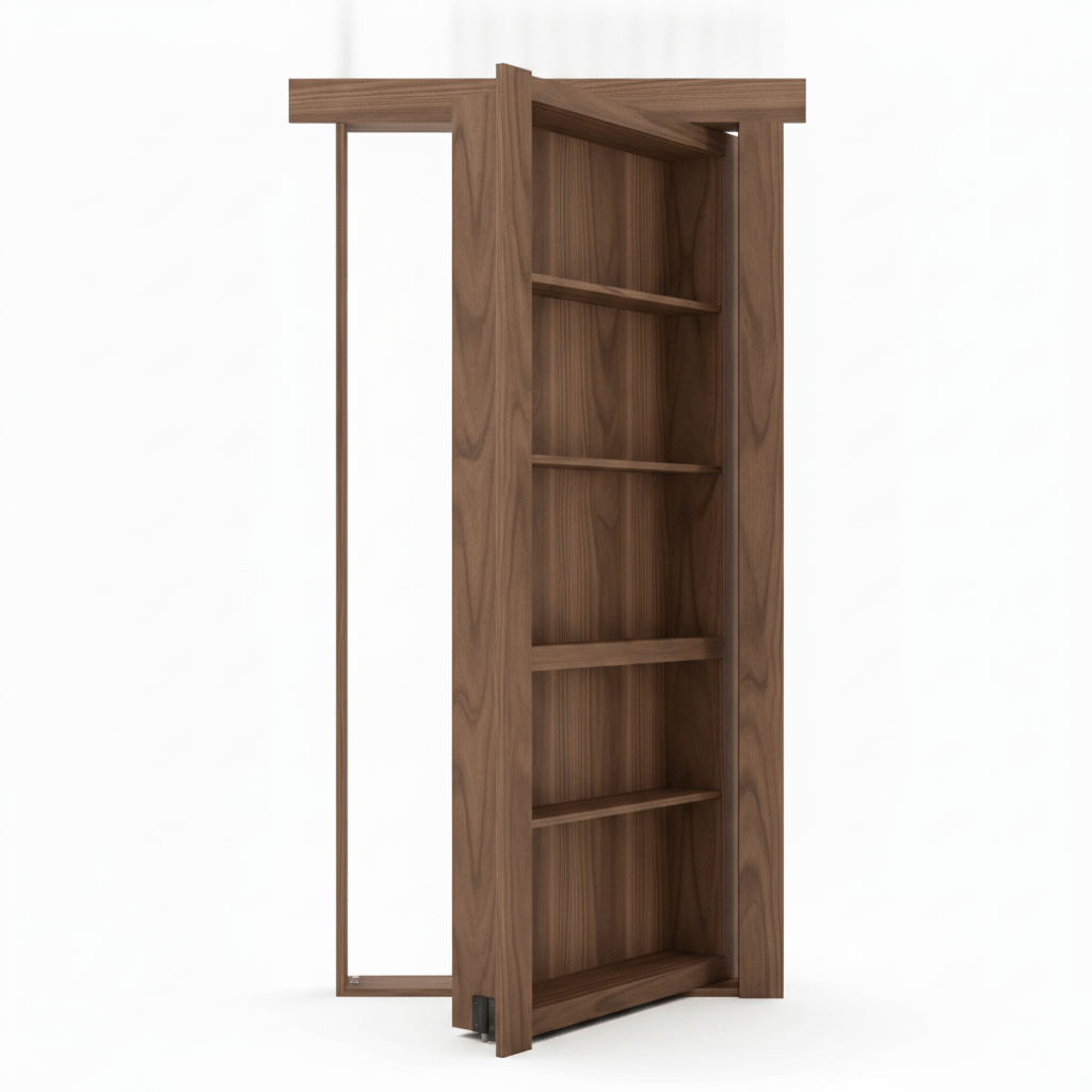 Murphy Door® hidden door, dark brown wooden bookcase, partially open to reveal internal shelves and the door frame.