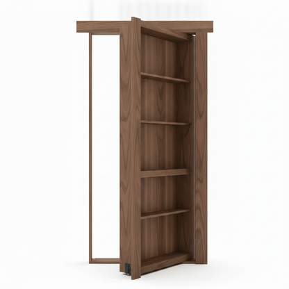 Murphy Door® hidden door, dark brown wooden bookcase, partially open to reveal internal shelves and the door frame.