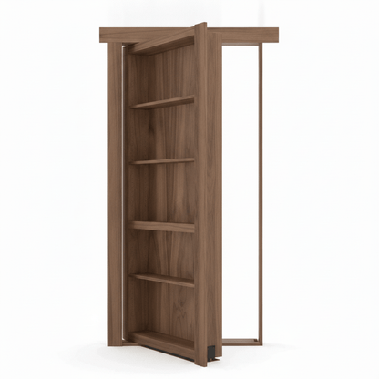 Open Murphy Door® walnut hidden bookcase door with five shelves.