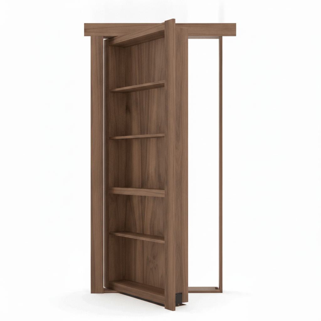 Murphy Door® open brown walnut hidden bookcase door with five shelves.
