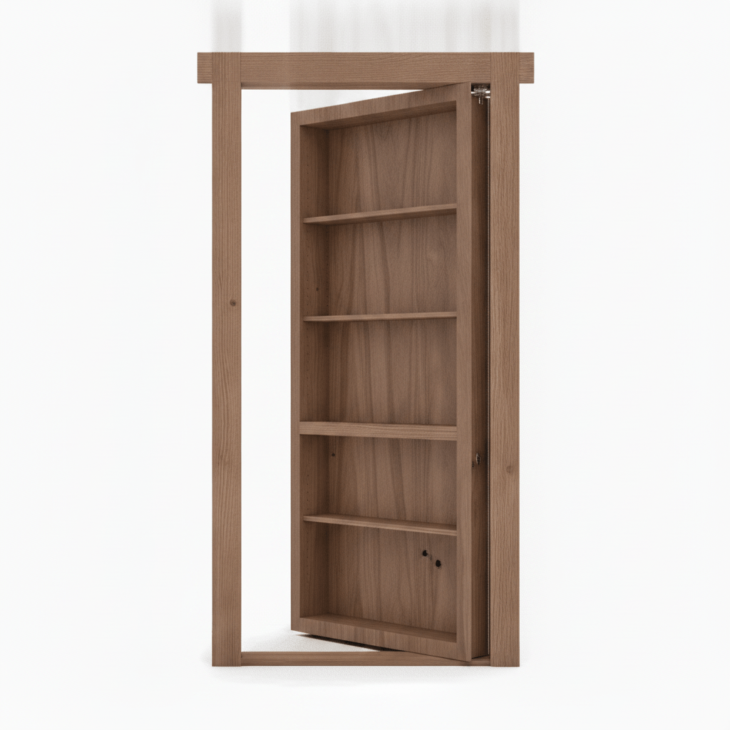 Open Murphy Door® hidden bookcase door, showing wood shelves within a natural wood frame.