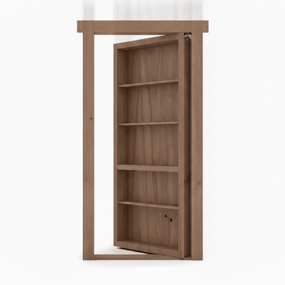 Open Murphy Door® hidden bookcase door, showing wood shelves within a natural wood frame.