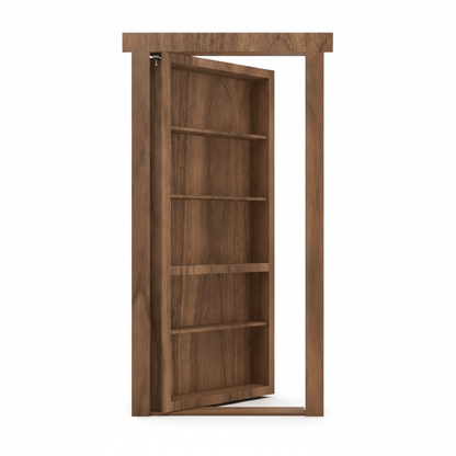 Open brown wood Murphy Door® hidden bookcase, revealing shelves and a sleek door frame.