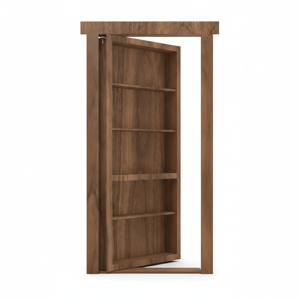 Murphy Door® brown wood hidden bookcase door, open showing shelves, integrated into a door frame.