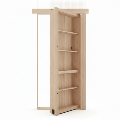 Murphy Door® hidden bookcase door, light natural wood, partially open showing interior shelves & doorway.