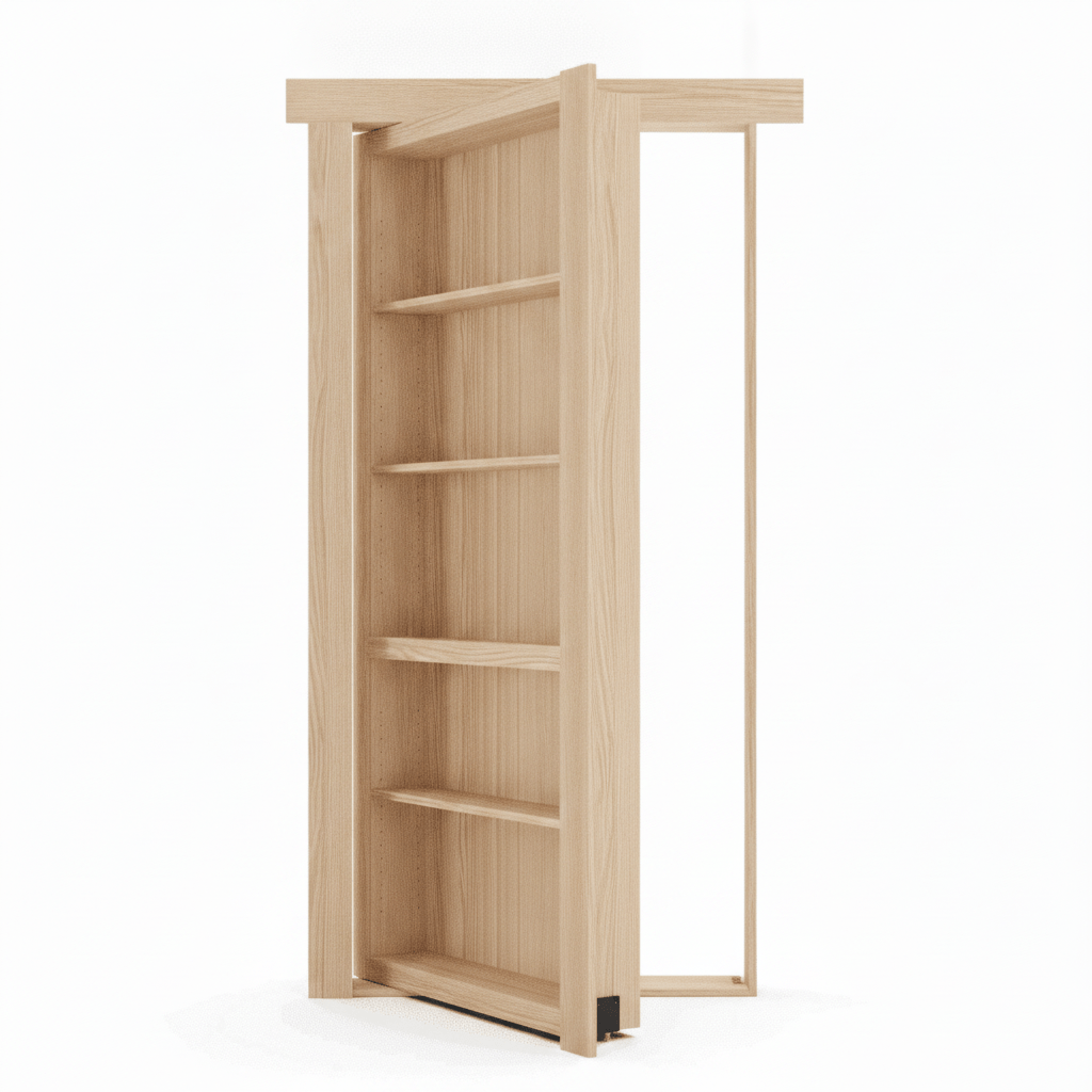 Murphy Door® light oak hidden bookcase door, partially open, revealing multiple shelves inside.