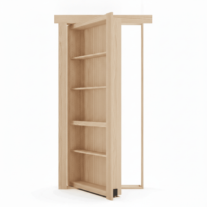 Murphy Door® light oak hidden bookcase door, partially open, revealing multiple shelves inside.