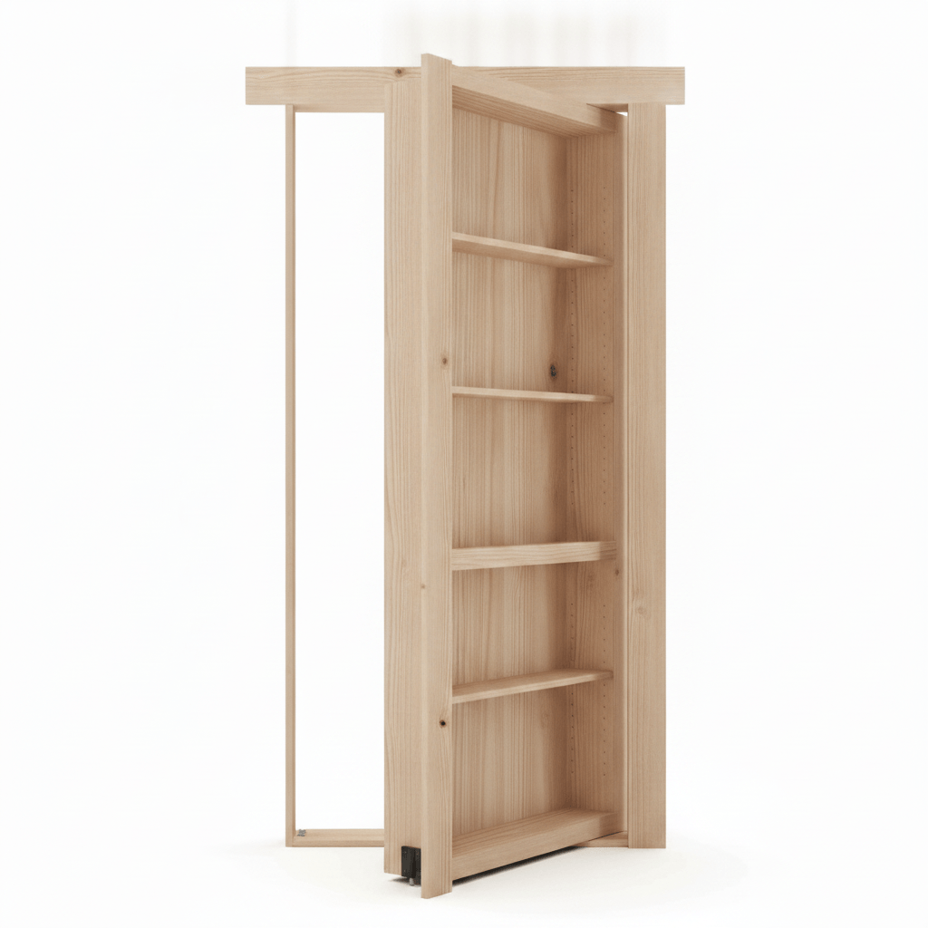 Murphy Door® light wood hidden bookcase door in a frame, partially open, revealing shelves.