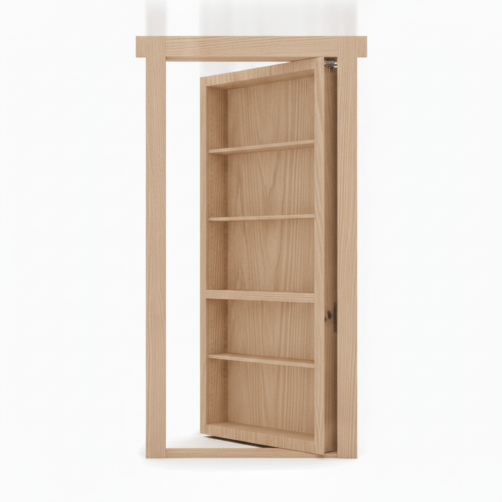 Open Murphy Door® natural wood hidden bookcase door with multiple shelves.