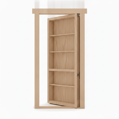 Open Murphy Door® natural wood hidden bookcase door with multiple shelves.