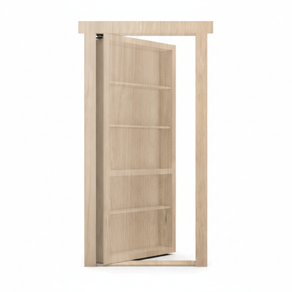 Murphy Door® Armored Bookcase Door - Extra Strength, a flush mount light wood door with shelves, slightly open.