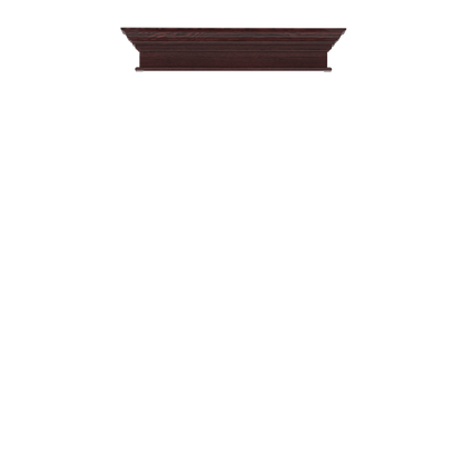 Murphy Door® dark wood crown molding shelf in rich mahogany finish for hidden door installation.