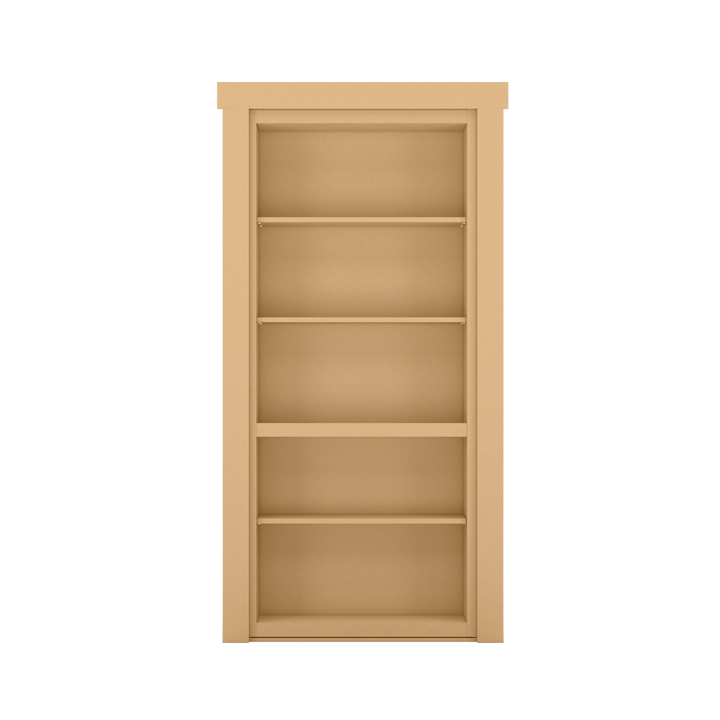 Murphy Door® unfinished wooden bookcase door with five empty shelves, designed as a hidden door solution in light oak finish.