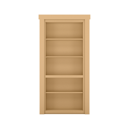 Murphy Door® unfinished wooden bookcase door with five empty shelves, designed as a hidden door solution in light oak finish.