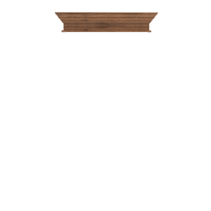 Murphy Door® wooden crown molding shelf in walnut finish with classic trim detailing for hidden door installation.