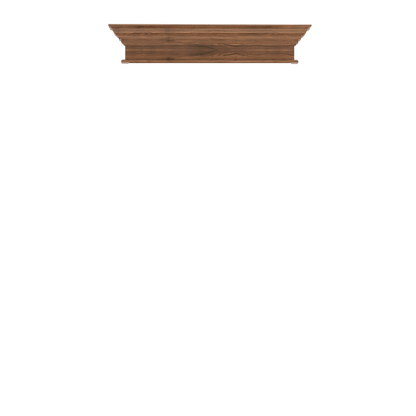 Murphy Door® wooden crown molding shelf in walnut finish with classic trim detailing for hidden door installation.