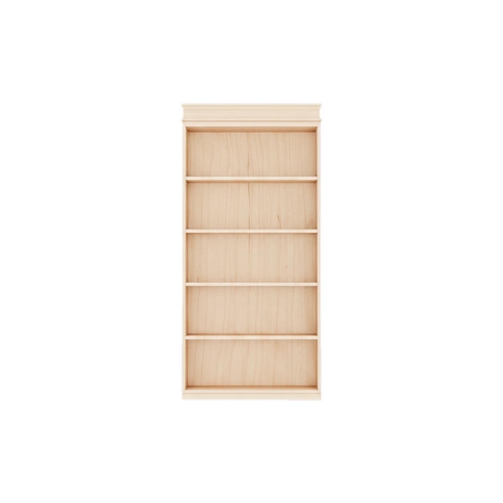 Murphy Door® natural wood 5-shelf empty bookshelf with crown molding.