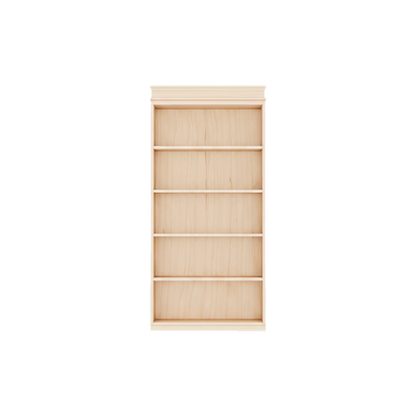 Murphy Door® natural wood 5-shelf empty bookshelf with crown molding.