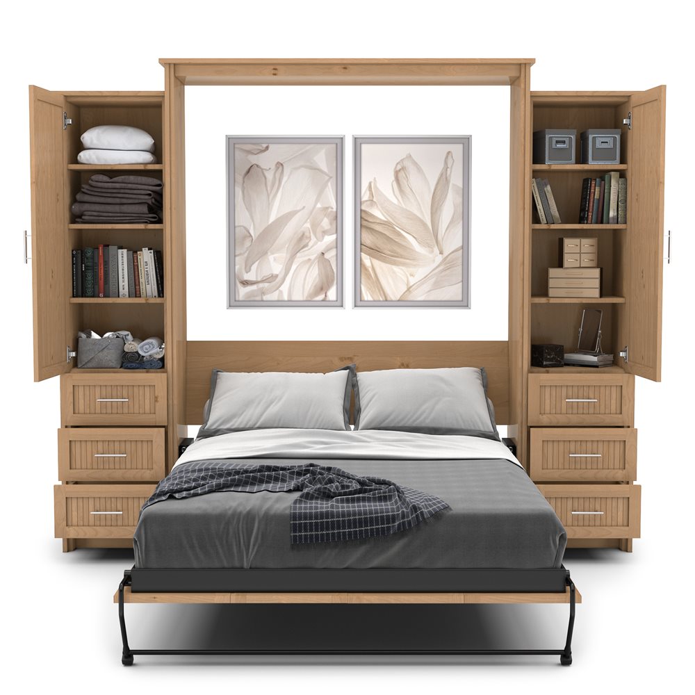 Twin Size Murphy Bed - Left & Right Cabinet, Beadboard Style, Brushed Nickel Pulls - Murphy Door