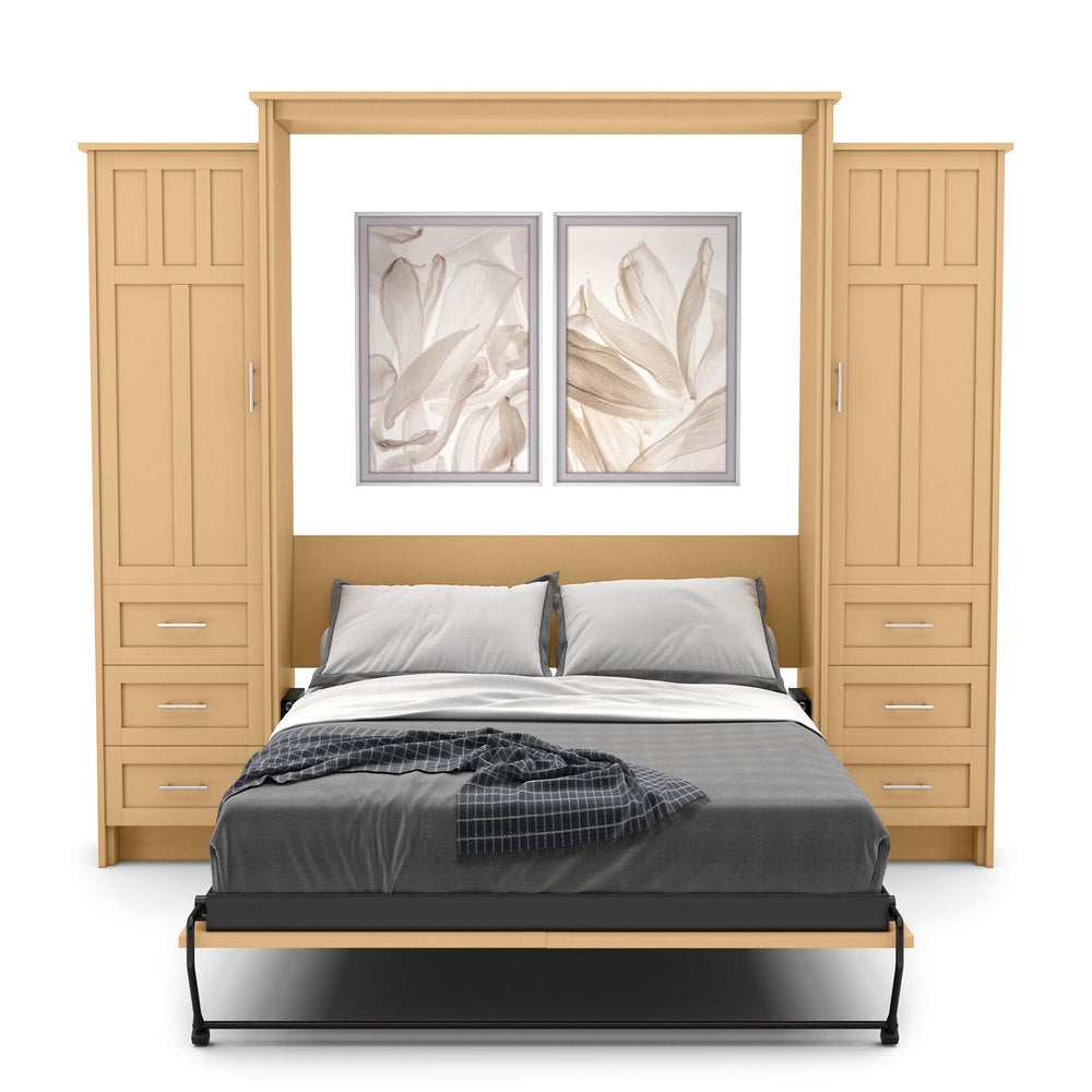 King Size Murphy Bed - Left & Right Cabinet, Craftsman Style, Brushed Nickel Pulls - Murphy Door