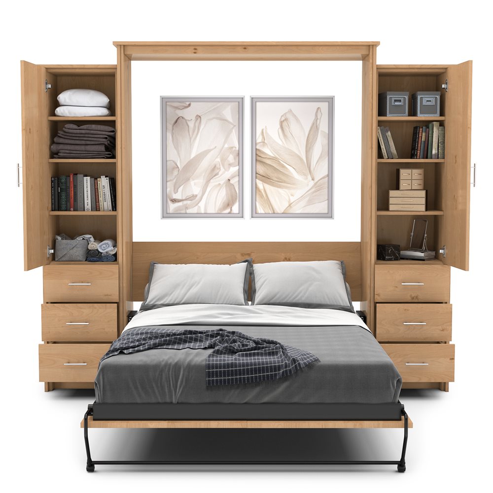 Full Size Murphy Bed - Left & Right Cabinet, Slab Style, Brushed Nickel Pulls - Murphy Door