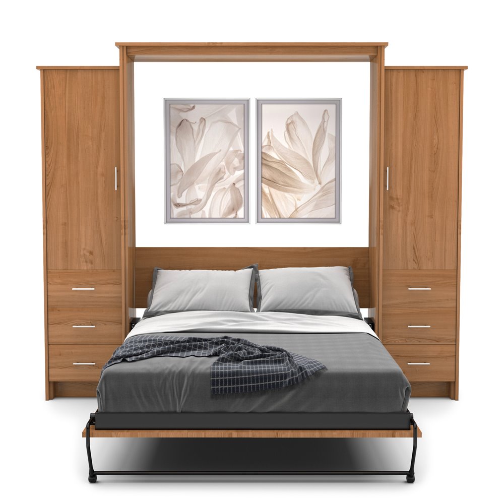 Twin Size Murphy Bed - Left & Right Cabinet, Slab Style, Brushed Nickel Pulls - Murphy Door