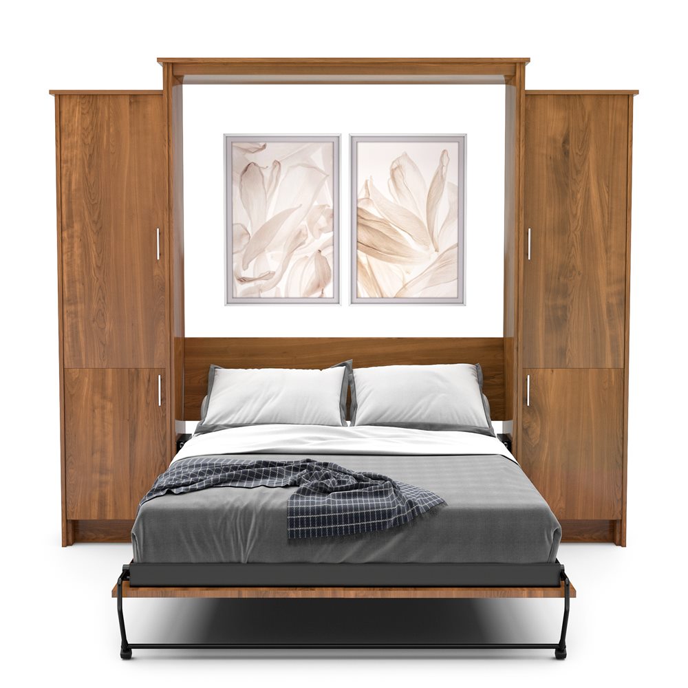 Twin Size Murphy Bed - Left & Right Cabinet, Slab Style, Brushed Nickel Pulls - Murphy Door