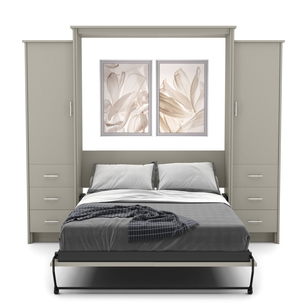 Full Size Murphy Bed - Left & Right Cabinet, Slab Style, Brushed Nickel Pulls - Murphy Door