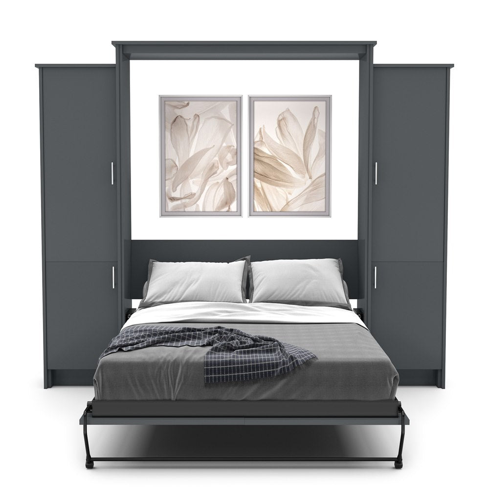 Full Size Murphy Bed - Left & Right Cabinet, Slab Style, Brushed Nickel Pulls - Murphy Door
