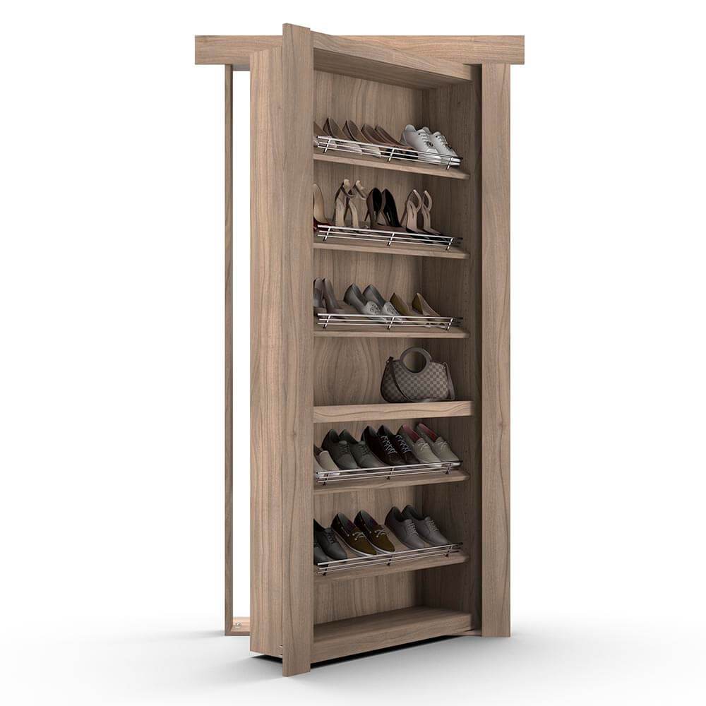 Hidden Flush Mount Walnut Shoe Rack Door– Murphy Door