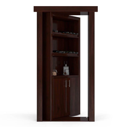 Dark walnut hidden flush mount wine rack door fully open, showing bottle racks, a decanter, and slab cabinet doors