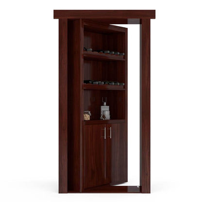 Hidden flush mount walnut wine rack door pulled open, displaying its multi-level storage interior