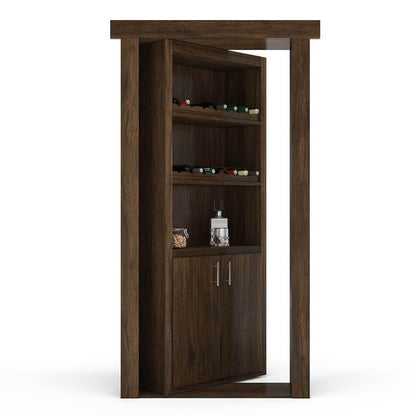 Dark walnut hidden flush mount wine rack door partially open, displaying wine bottles, a decanter, and lower cabinets