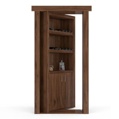 Walnut Hidden Flush Mount Wine Rack Door open to reveal bottle storage shelves, a jar, a bottle, and a lower cabinet