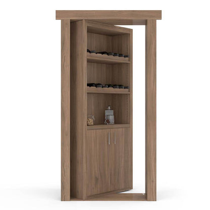 Walnut hidden flush mount door open to reveal wine racks and lower cabinet storage