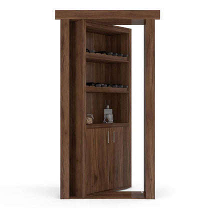 Walnut hidden wine rack door open within its frame, displaying stored bottles, decanter, and lower cabinets
